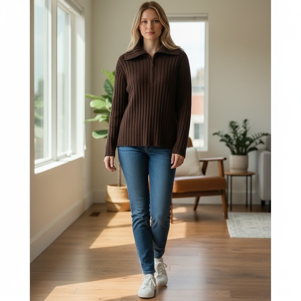 Charter Club chocolate Brown Rib-Knit 1/4 Zip Mock Neck Cotton Sweater XL